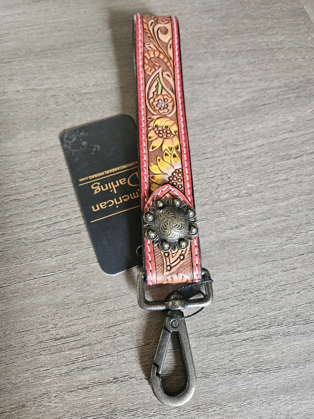 American Darling Red-Trim Tooled Leather Key Fob Wristlet with Concho-NWT